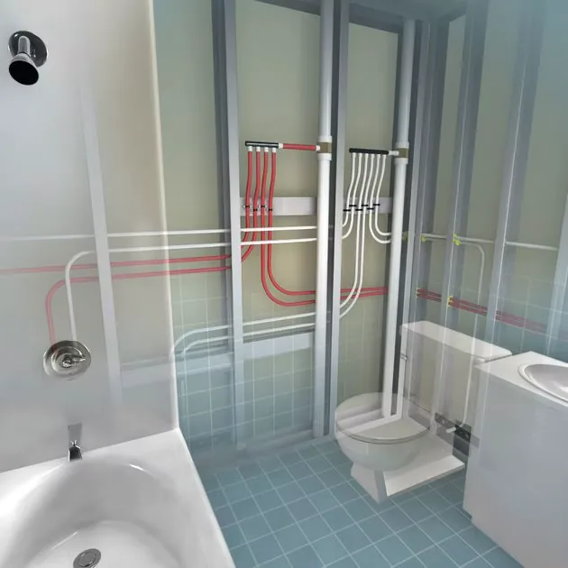 Cutaway diagram of PEX hot and cold lines feeding a bathroom – Rinnai Tankless Water Heater Installation for Laguna Niguel, CA homes